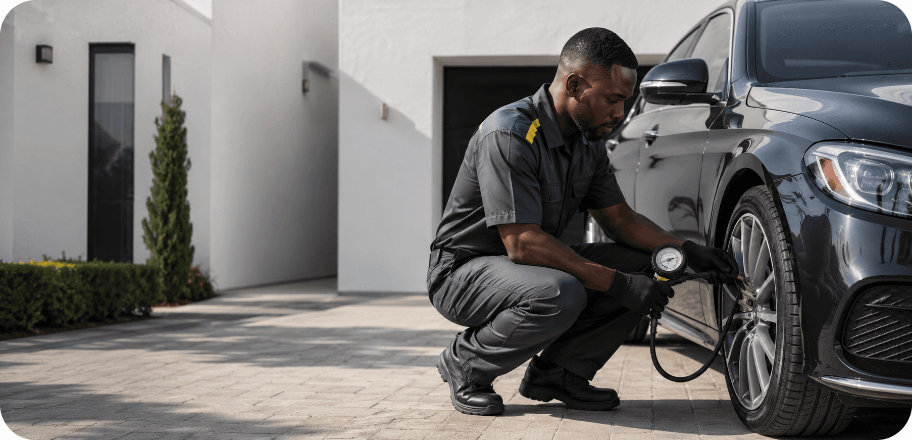 A Tyre Care technician checking a vehicle tyre at a customer’s home