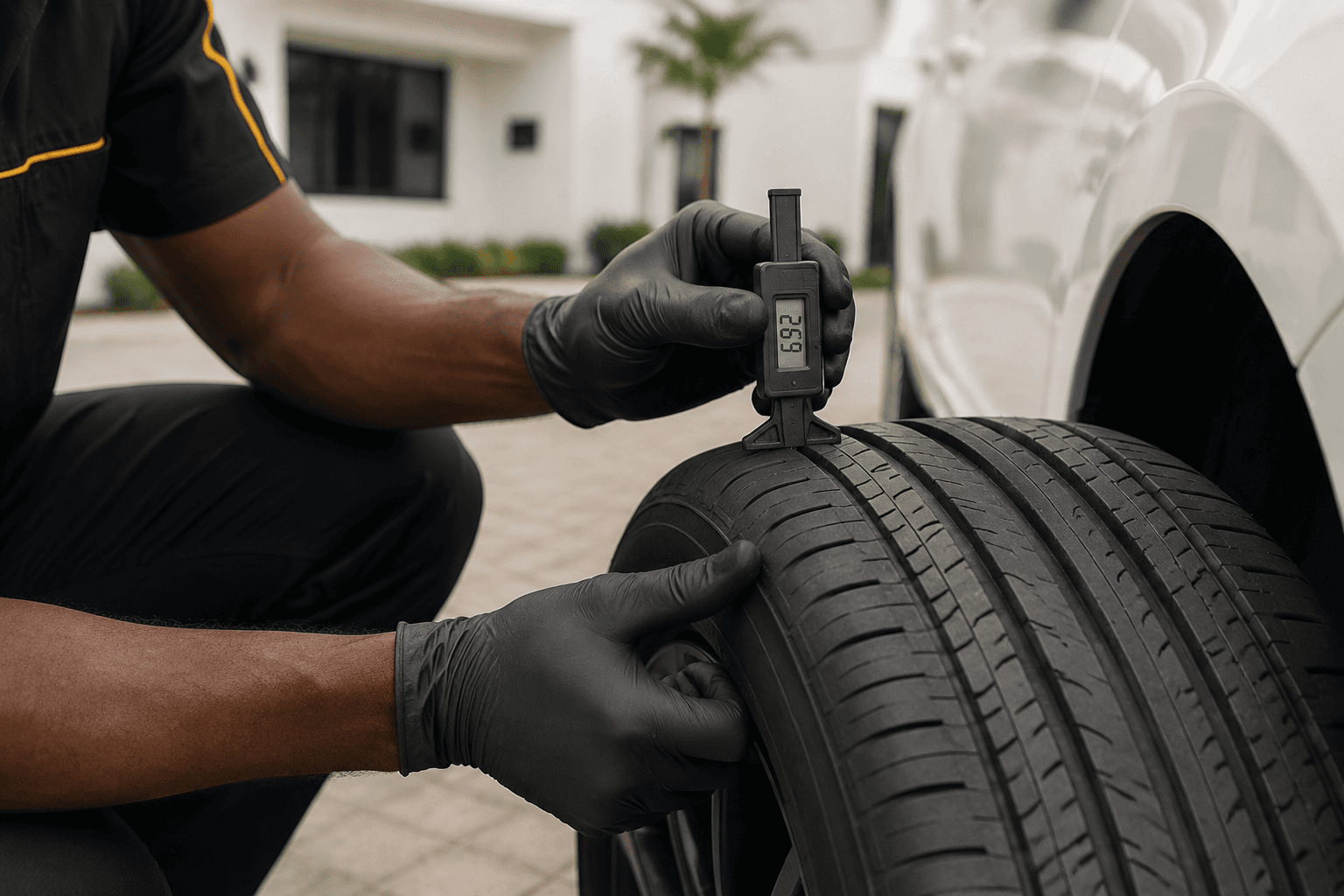 A Tyre Care technician measuring tyre tread depth