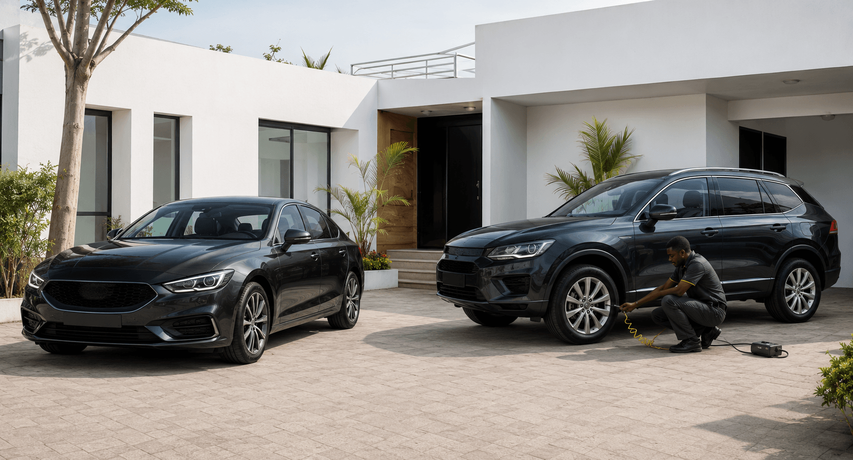 A saloon car and an SUV receiving home tyre care